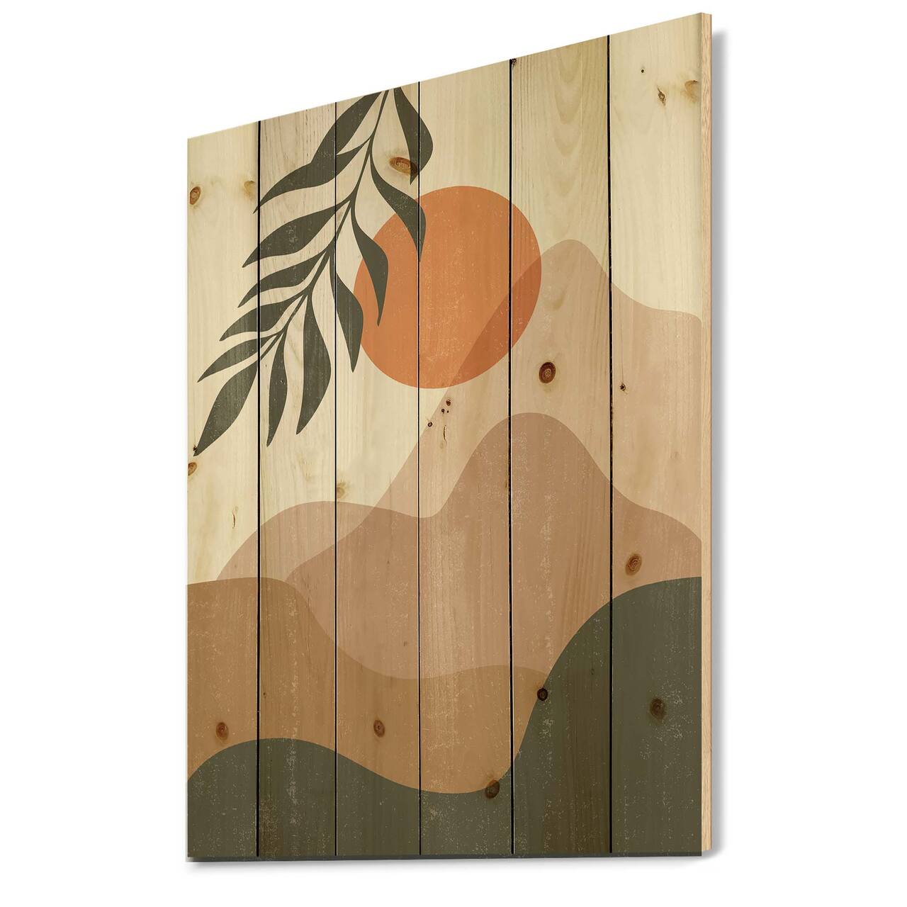 Designart - Abstract Red Moon In Earth Toned Mountains I - Modern Print on Natural Pine Wood